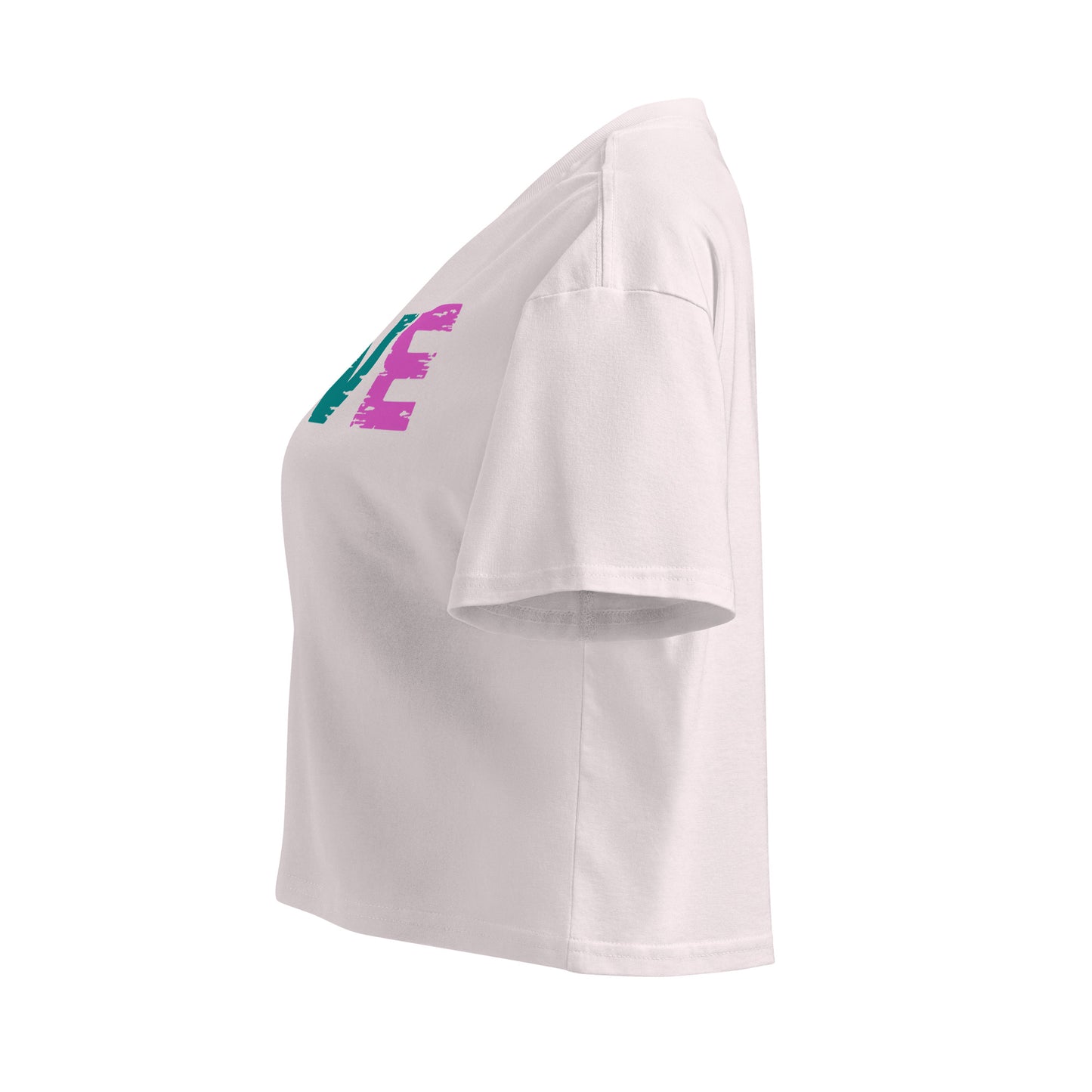 Side view of Women's LOVE Pickleball Crop Top, featuring vibrant lettering and a chic design for style and comfort.