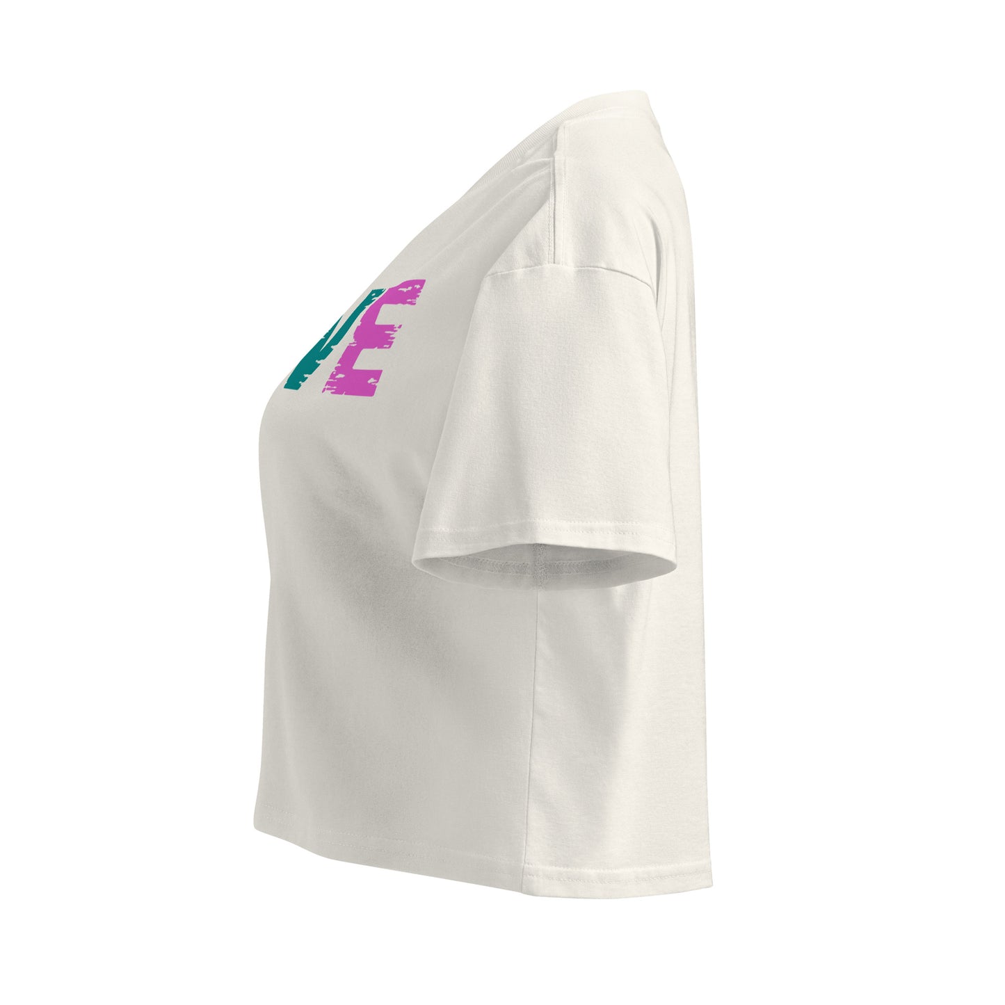 Side view of Women’s LOVE Pickleball Crop Top in soft cotton, featuring vibrant LOVE design for style and comfort.
