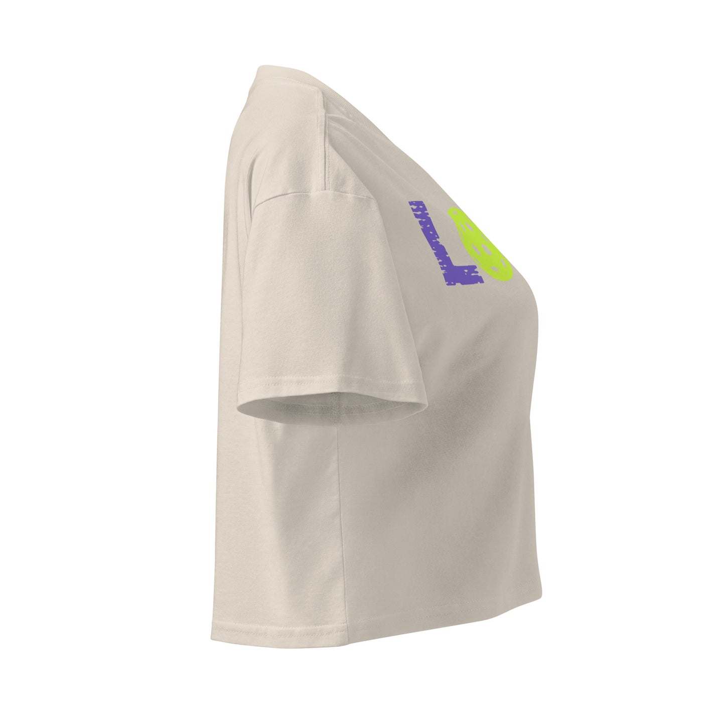 Women’s LOVE Pickleball Crop Top in beige, showcasing unique graphic design and comfortable fit for on-court style.