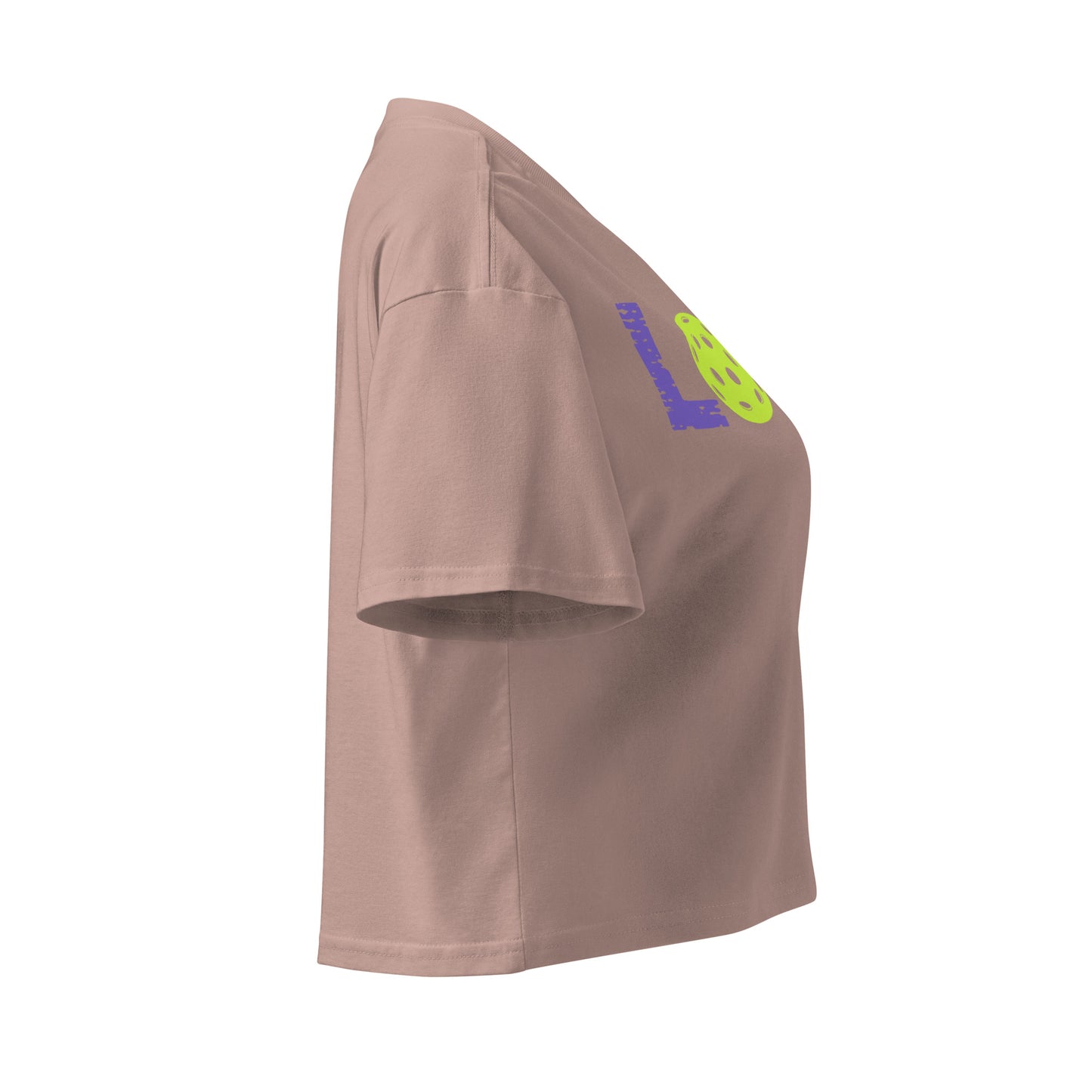 Side view of Women’s LOVE Pickleball Crop Top in soft brown with playful graphic design.