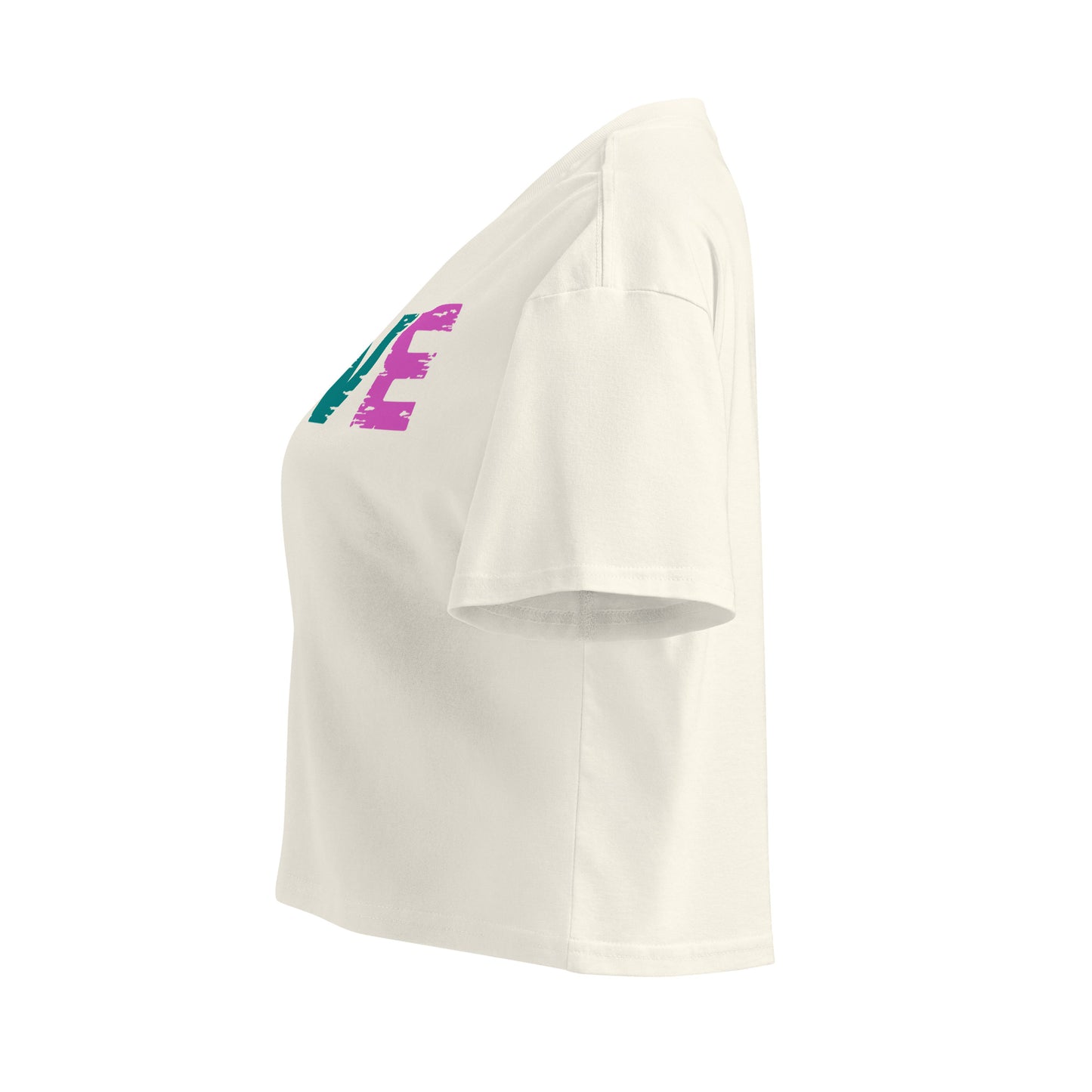 Side view of Women’s LOVE Pickleball Crop Top in soft cotton, featuring vibrant graphic design for pickleball enthusiasts.