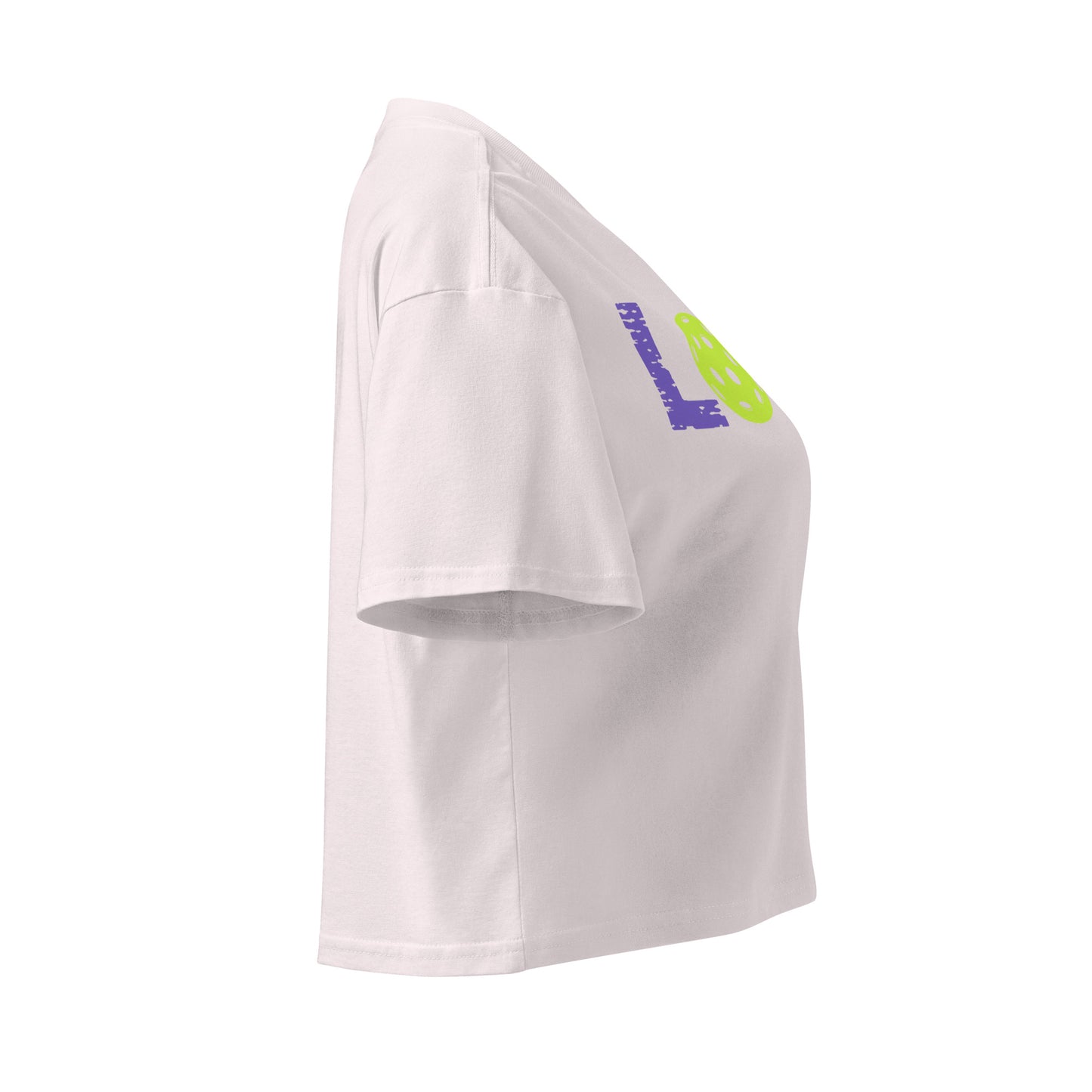 Women’s LOVE Pickleball Crop Top in white, showcasing a stylish design and comfortable fit.