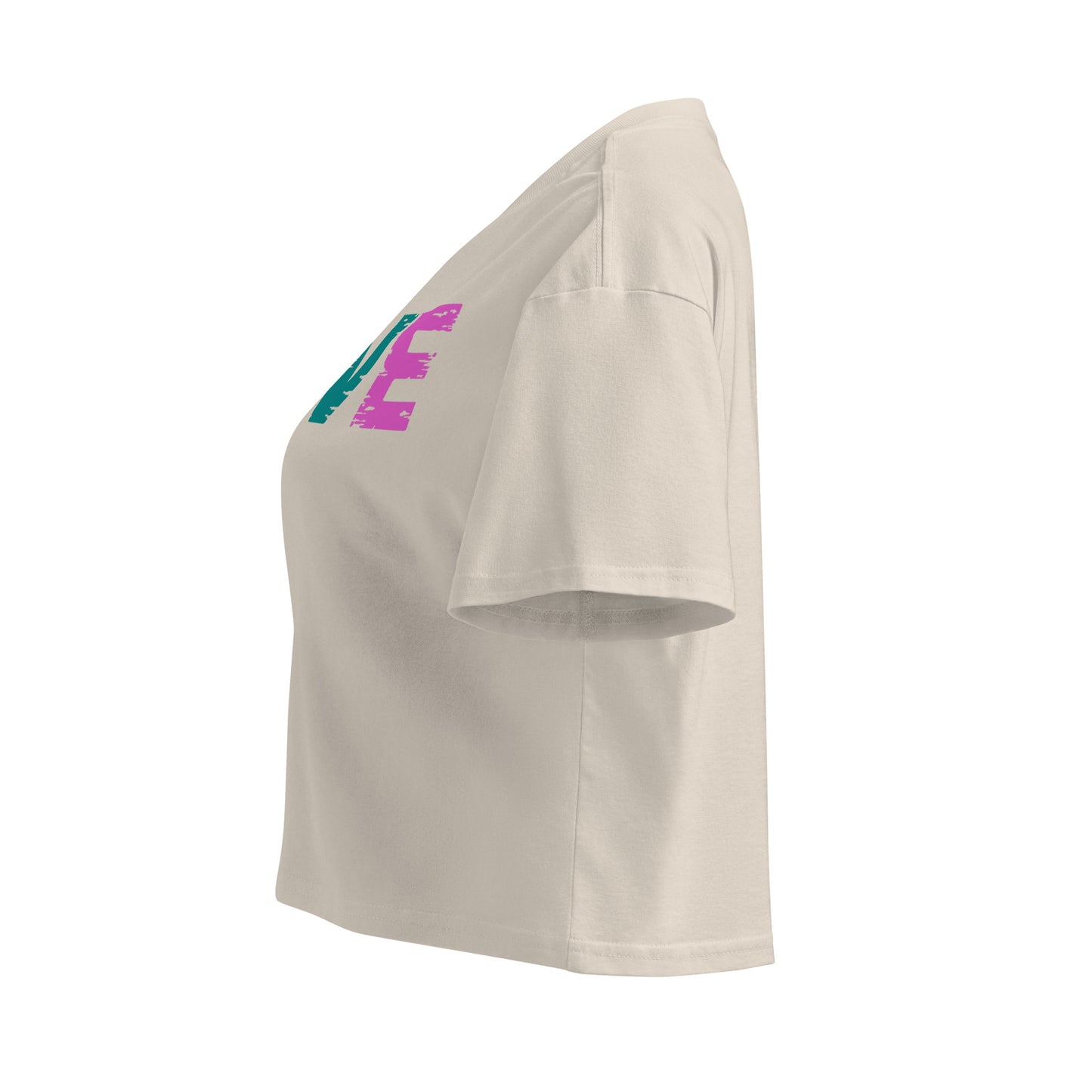 Women’s LOVE Pickleball Crop Top in beige, featuring colorful printed text, perfect for style on or off the court.