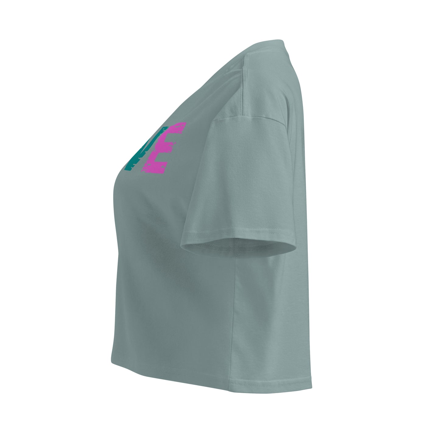 Side view of Women’s LOVE Pickleball Crop Top in soft cotton, featuring vibrant lettering and a stylish, comfortable fit.