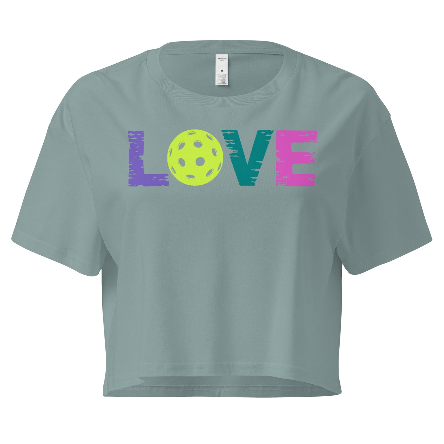 Women’s LOVE Pickleball Crop Top in teal with colorful LOVE graphic and pickleball design.