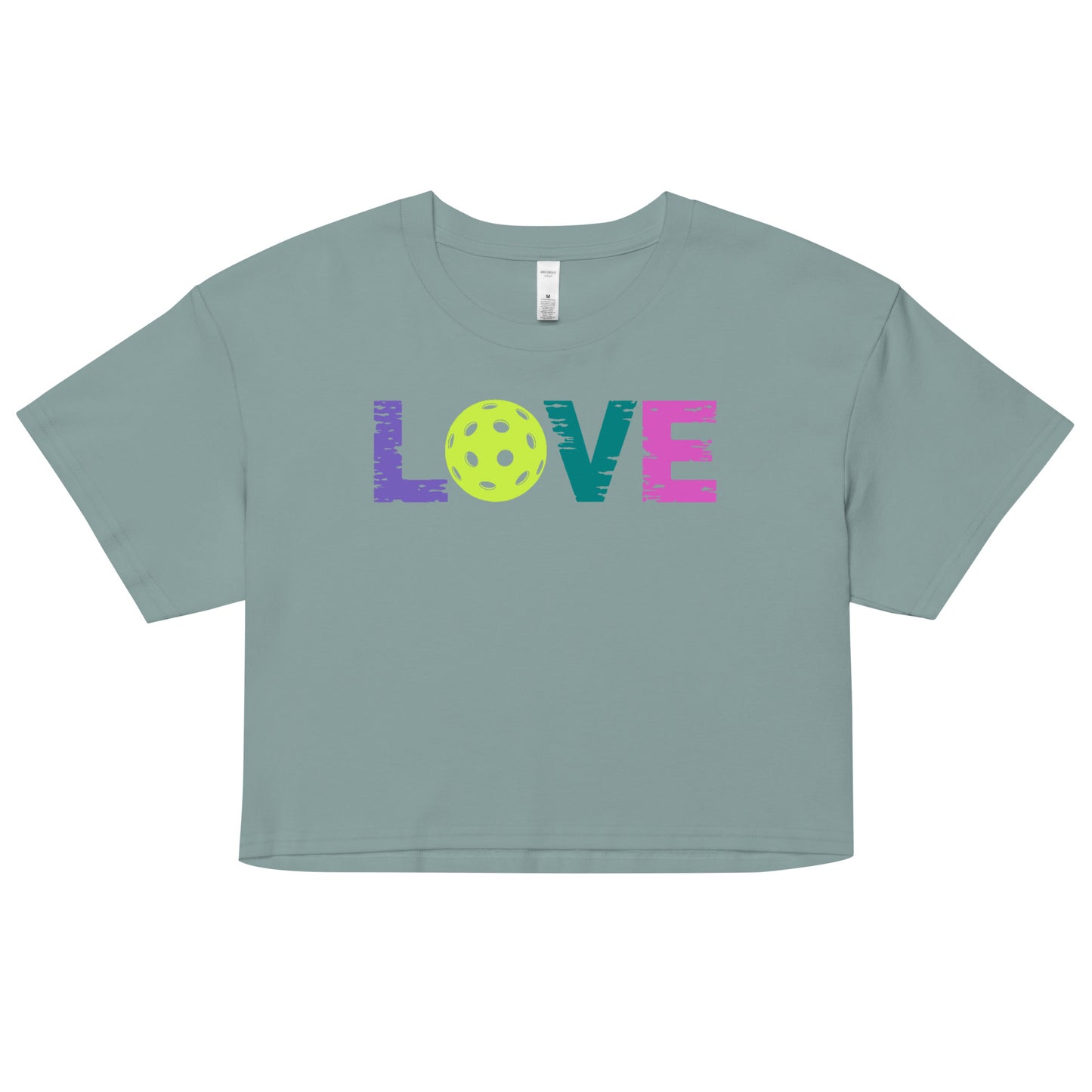 Women’s LOVE Pickleball Crop Top in green with colorful LOVE lettering and pickleball graphic