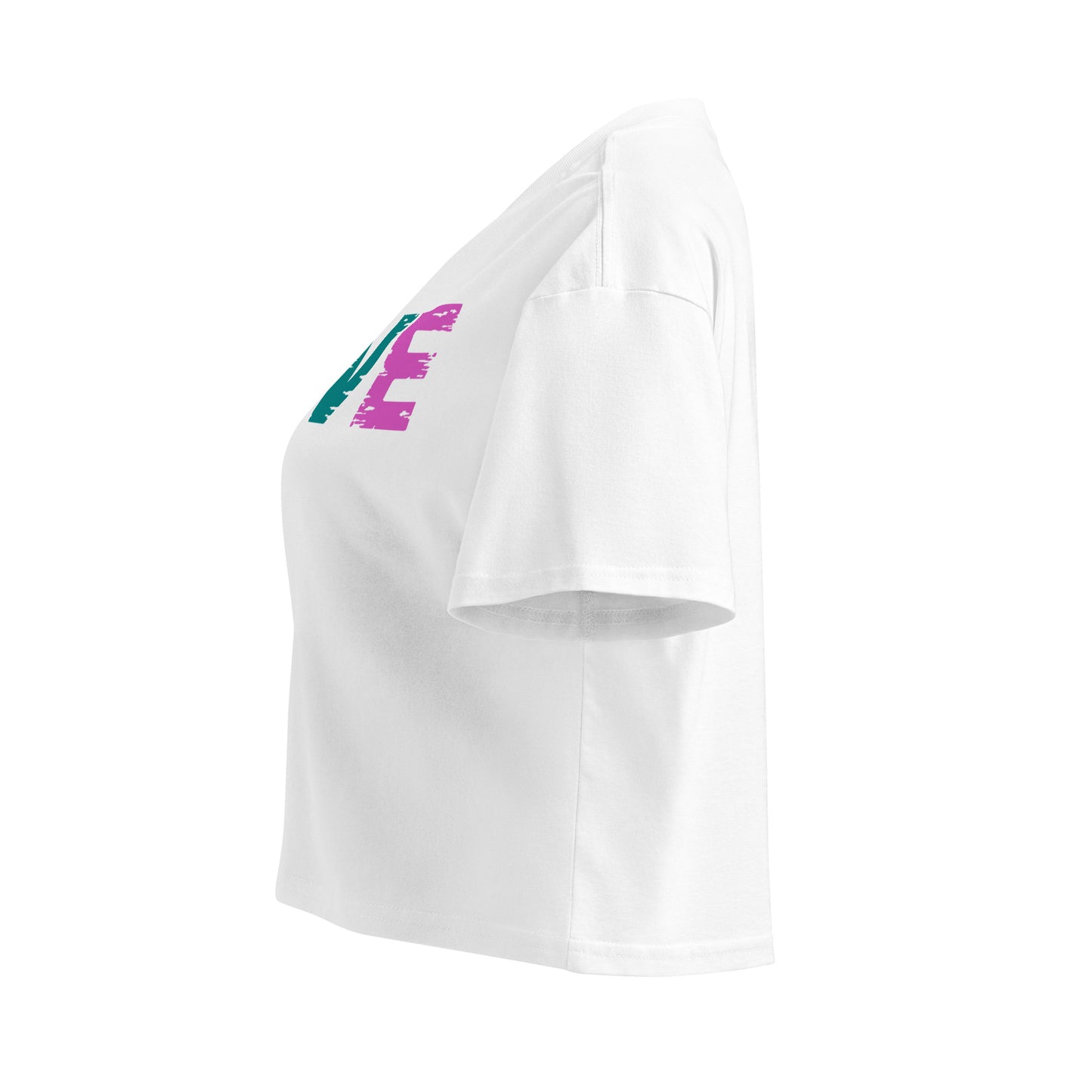 Side view of Women's LOVE Pickleball Crop Top featuring colorful lettering, perfect for style and comfort on or off the court.