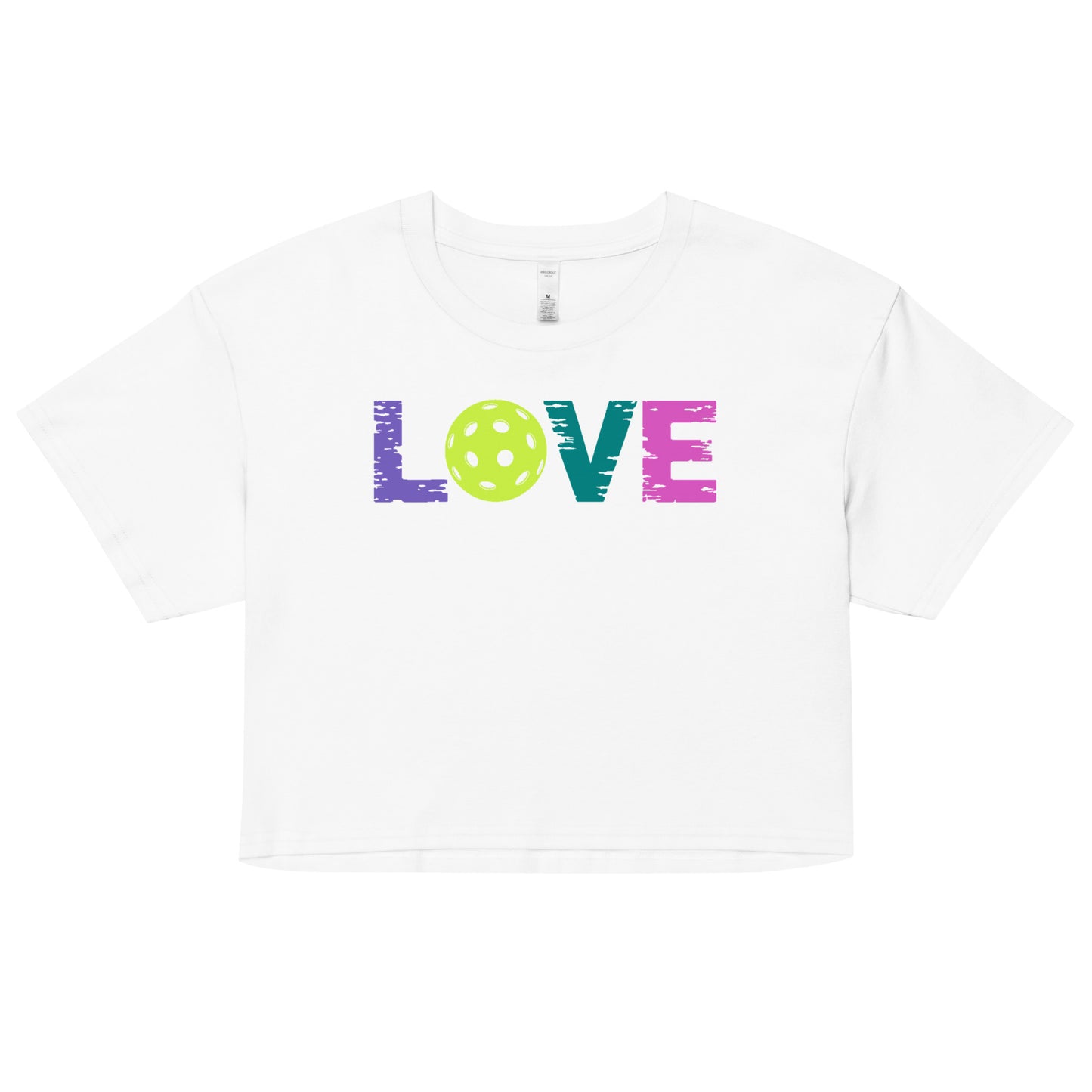 Women’s LOVE Pickleball Crop Top featuring colorful text and a pickleball graphic on a white background.
