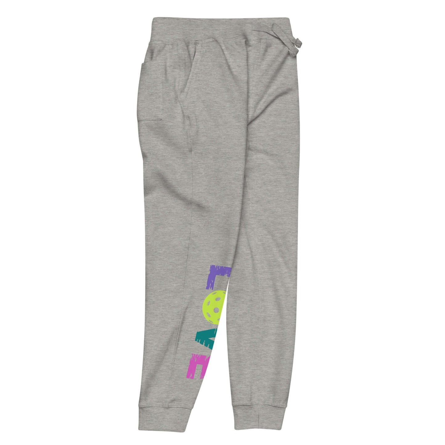 Women's gray LOVE Pickleball fleece sweatpants with colorful graphic print, ideal for comfort and style.