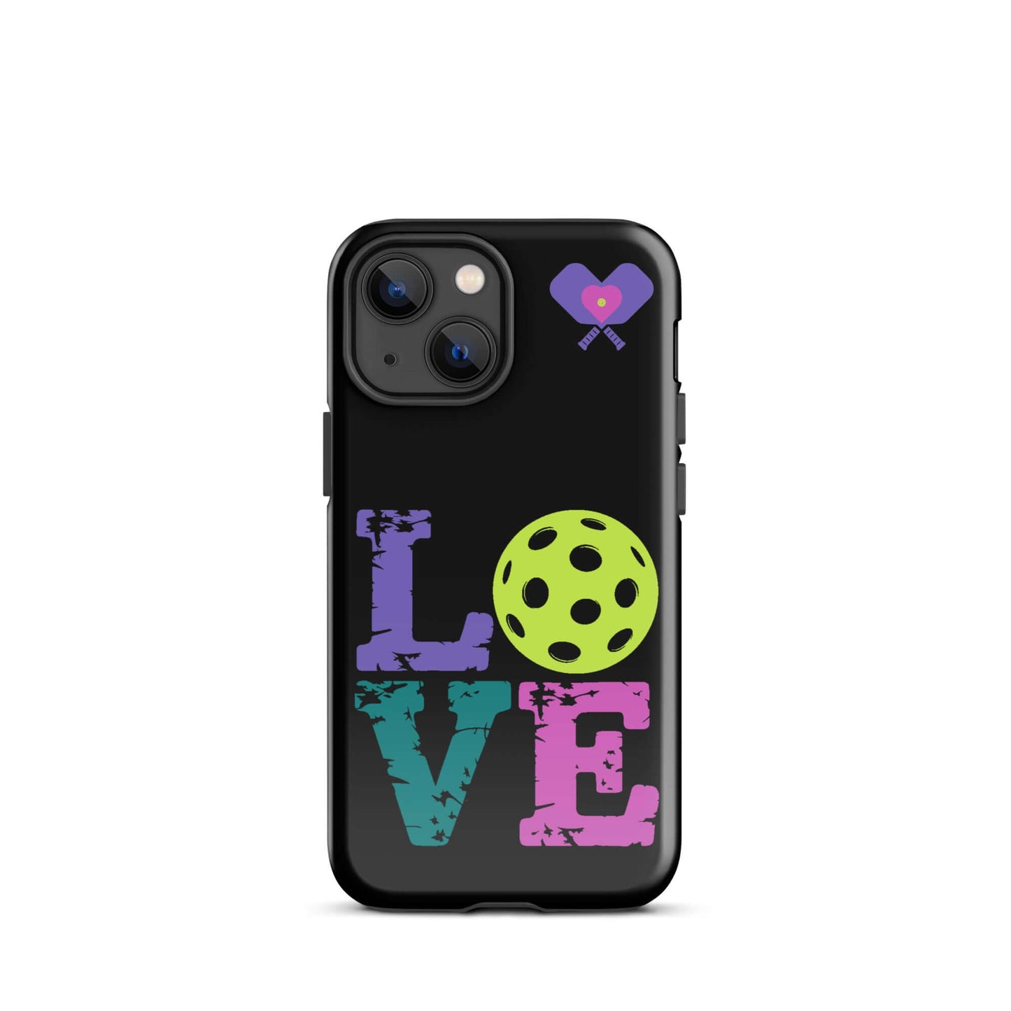 Women’s LOVE Pickleball Tough Case for iPhone® featuring colorful letters and a pickleball design.