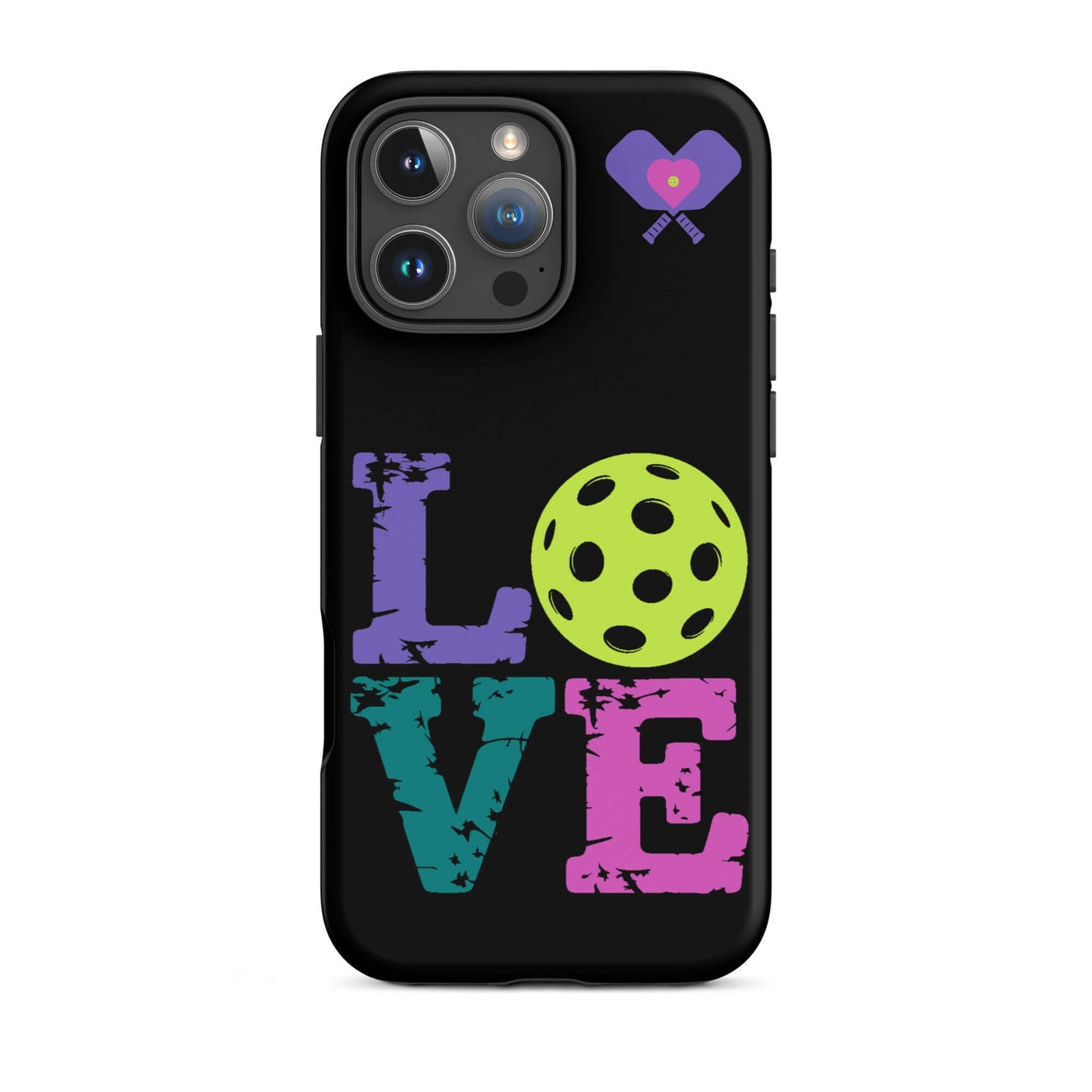 Women’s LOVE Pickleball Tough Case for iPhone® featuring vibrant lettering and a pickleball design.