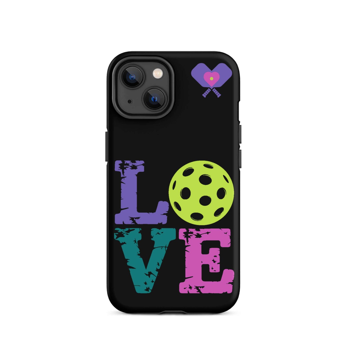 Women’s LOVE Pickleball Tough Case for iPhone® featuring colorful LOVE letters and a pickleball graphic.