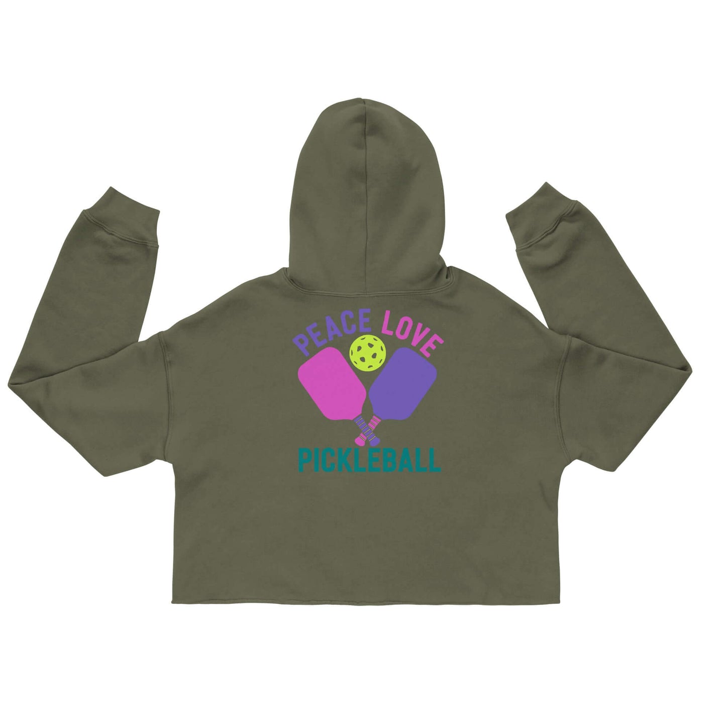 Women's crop hoodie featuring 'Peace Love Pickleball' design in vibrant colors with a sporty style.