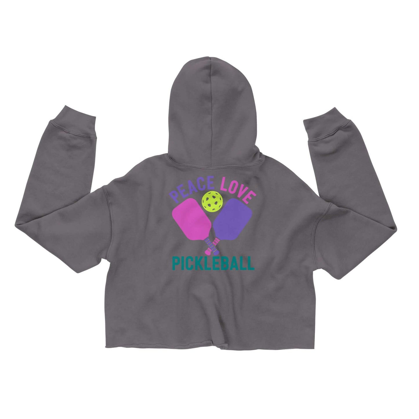 Back view of Women's Peace, Love, Pickleball Crop Hoodie in gray, featuring playful graphics on a trendy cropped design.