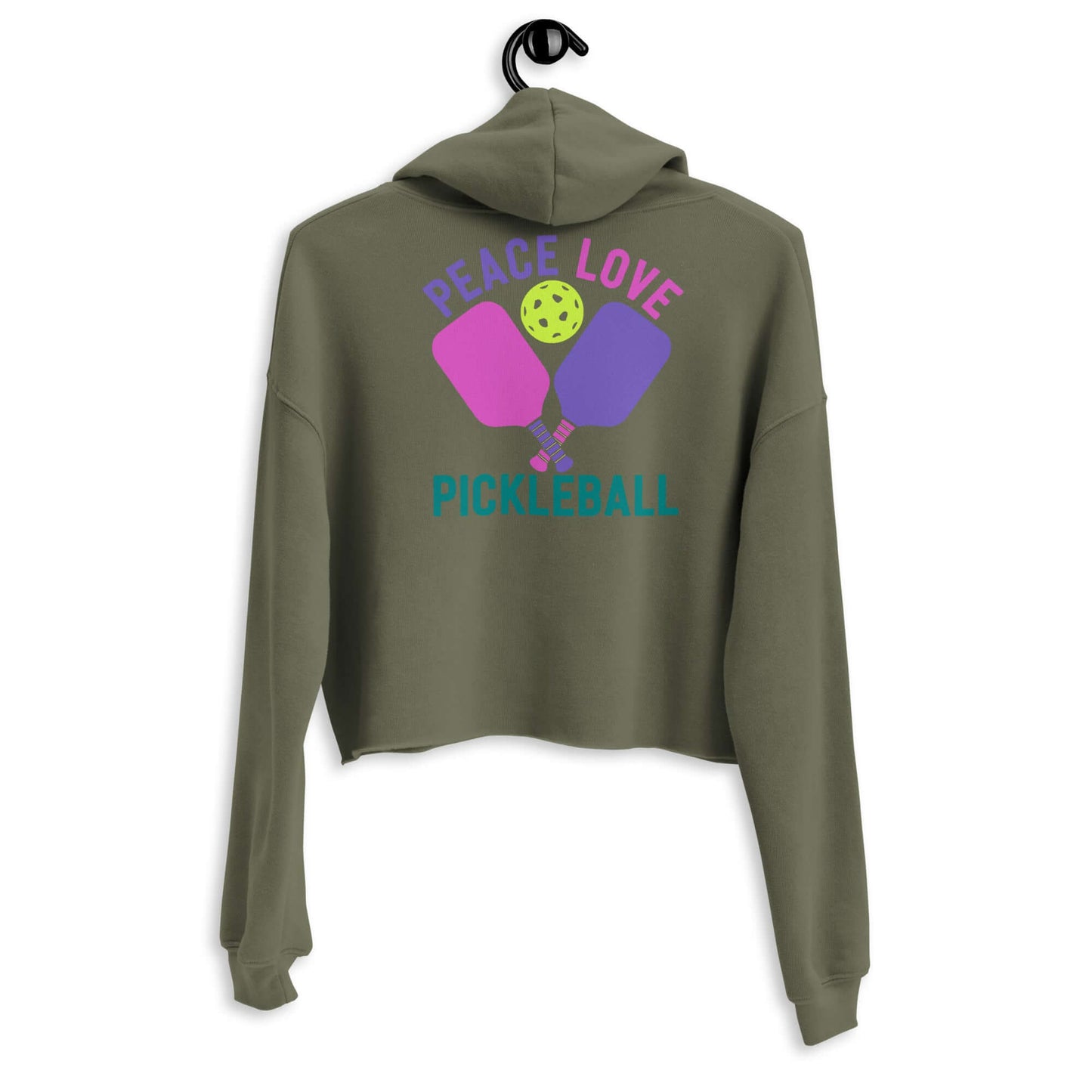 Women's cropped hoodie featuring 'Peace Love Pickleball' graphic on the back, perfect for stylish players.