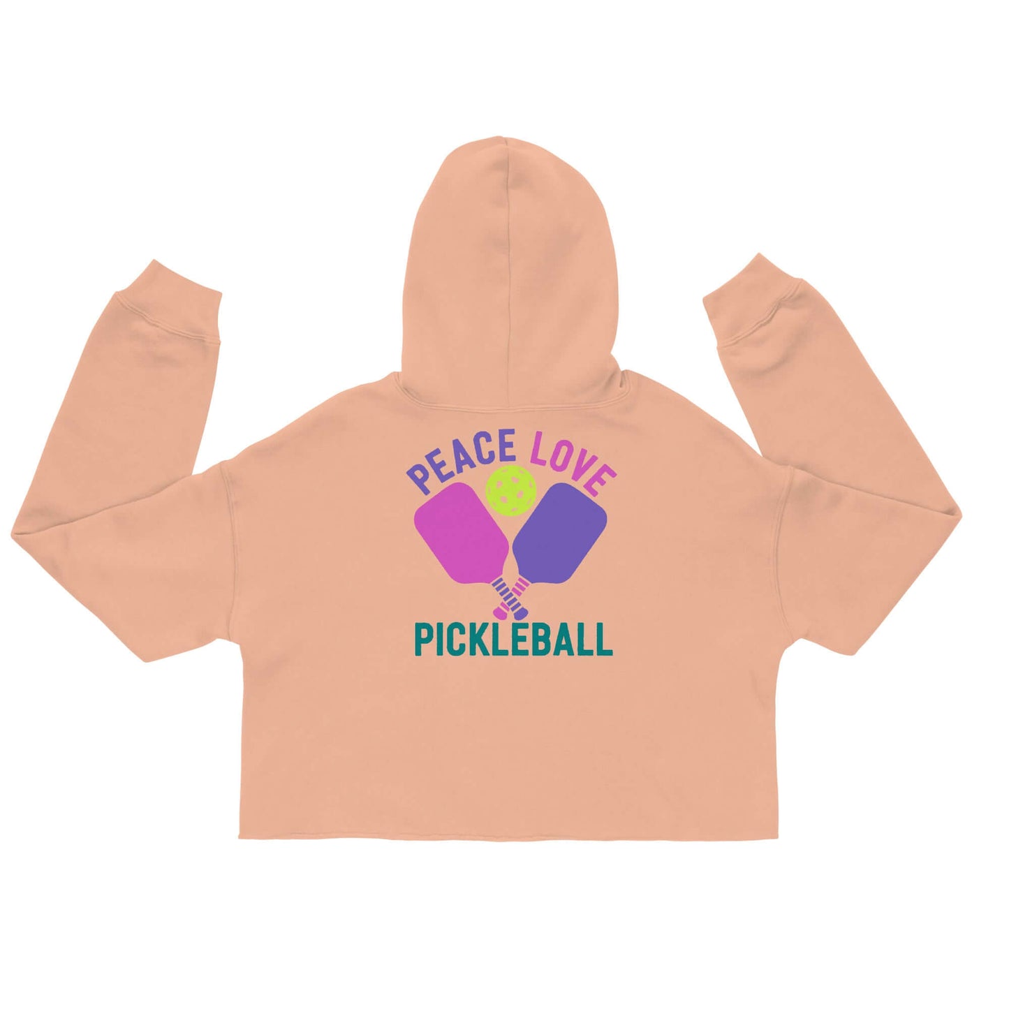 Women's crop hoodie with 'Peace Love Pickleball' graphic and paddles on back, perfect for sporty casual style.