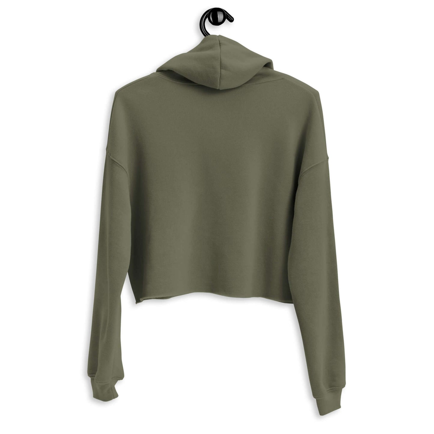 Back view of Women's Peace, Love, Pickleball Crop Hoodie in olive green, featuring a cropped fit and hood.