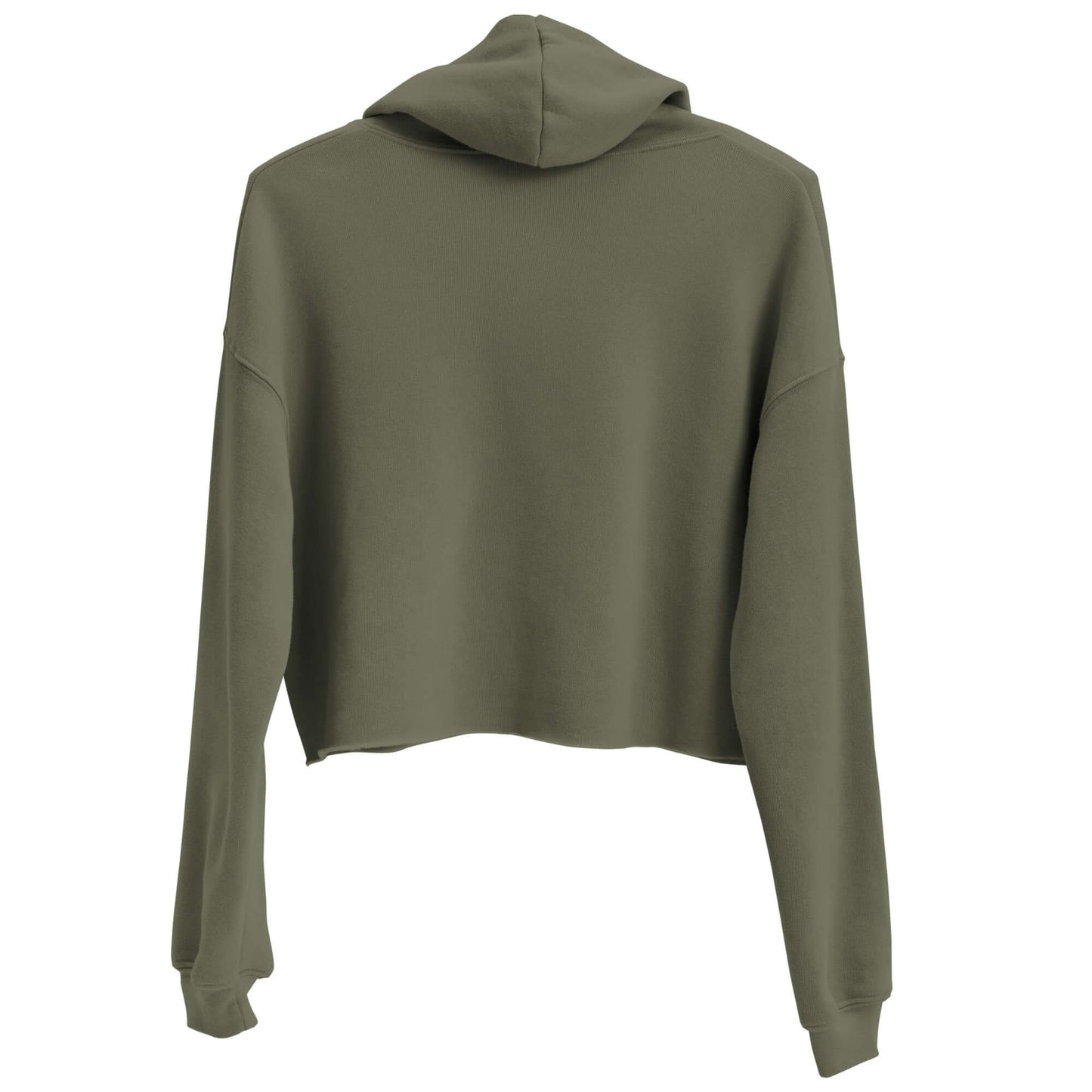 Back view of Women's Peace, Love, Pickleball Crop Hoodie in olive green, showcasing cropped fit and hood.