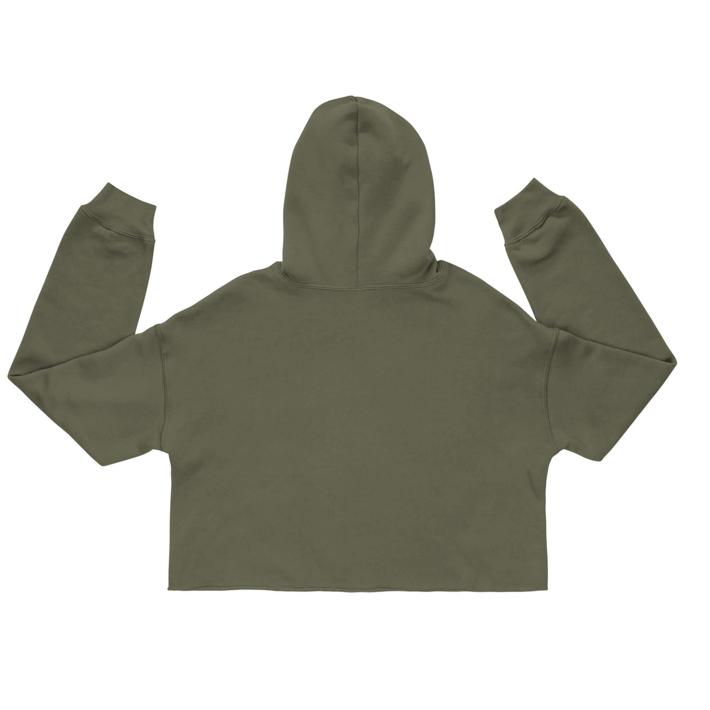 Back view of Women's Peace, Love, Pickleball Crop Hoodie in olive green with a hood and raw hem.