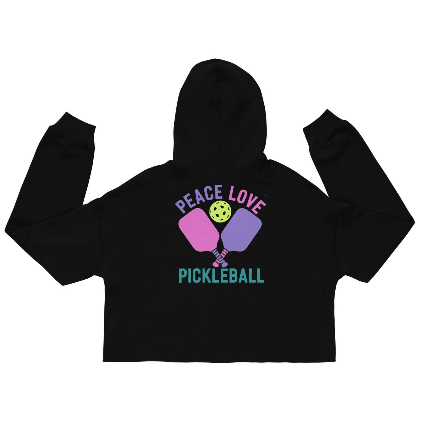 Back view of Women's Peace, Love, Pickleball Crop Hoodie featuring playful graphic design and cropped fit.