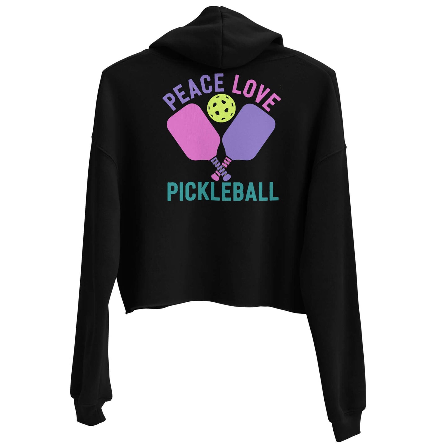 Women's black crop hoodie featuring "Peace Love Pickleball" graphic and colorful paddles.