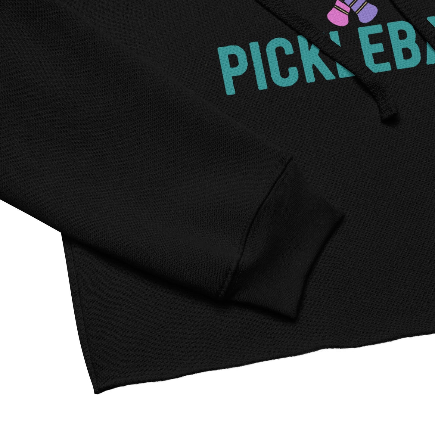 Women's black crop hoodie featuring 'Peace, Love, Pickleball' design, perfect for sporty style.