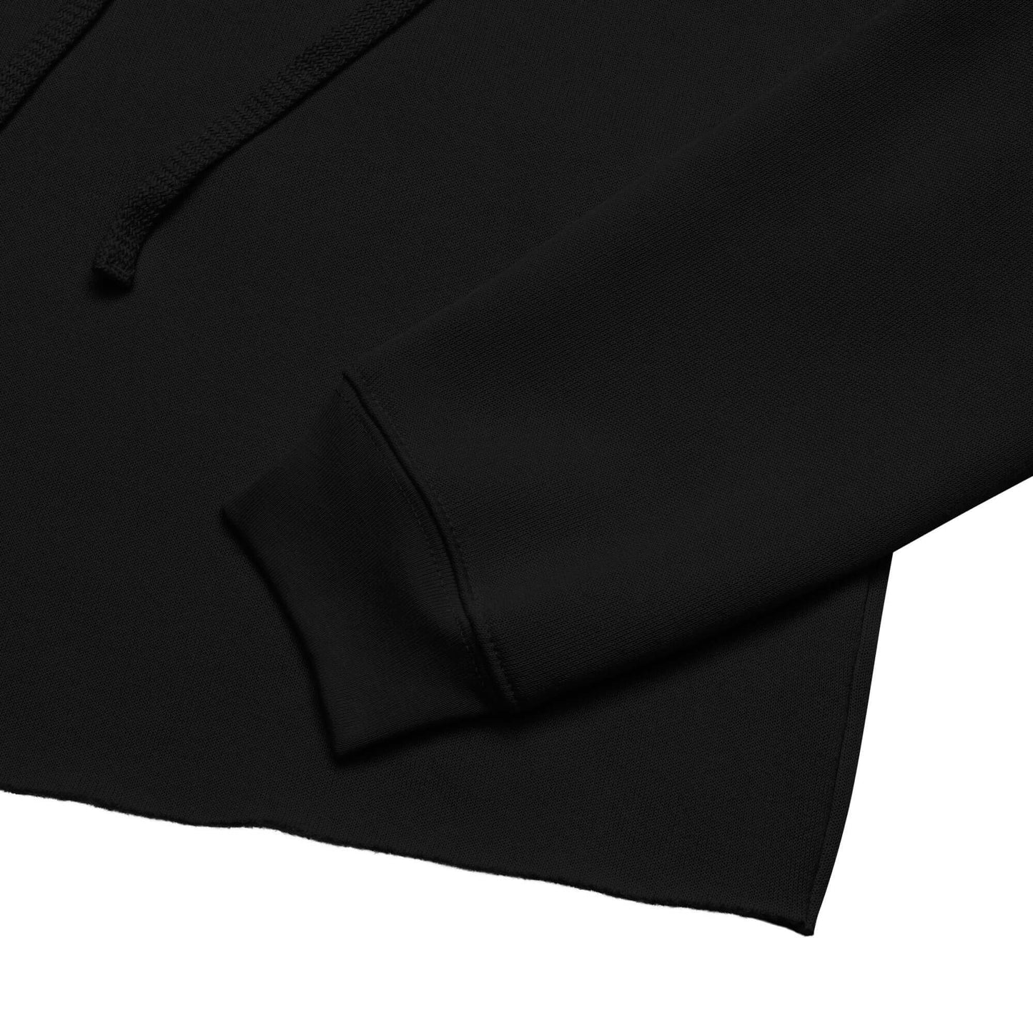 Close-up of the Women's Peace, Love, Pickleball Crop Hoodie showing the raw hem and sleeve detail in black.