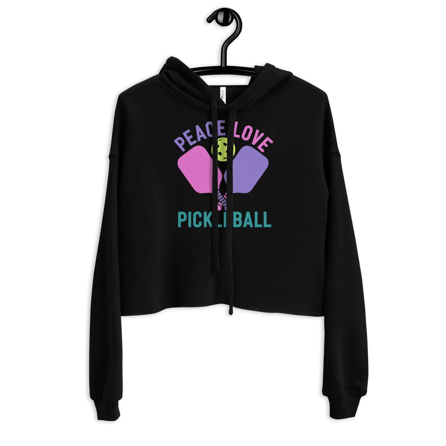 Women's black crop hoodie with 'Peace Love Pickleball' graphic design, perfect for stylish pickleball players.