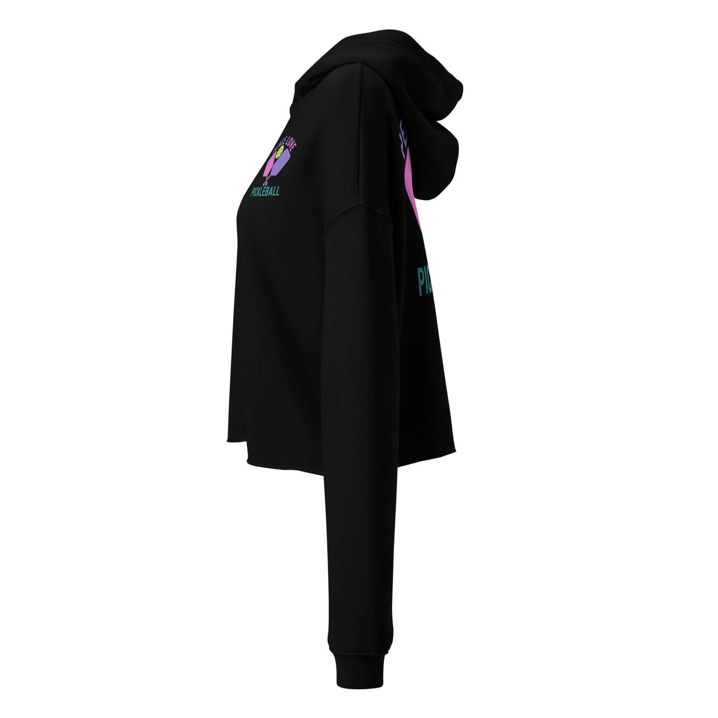 Side view of Women's Peace, Love, Pickleball Crop Hoodie in black, showcasing sporty style and trendy comfort.
