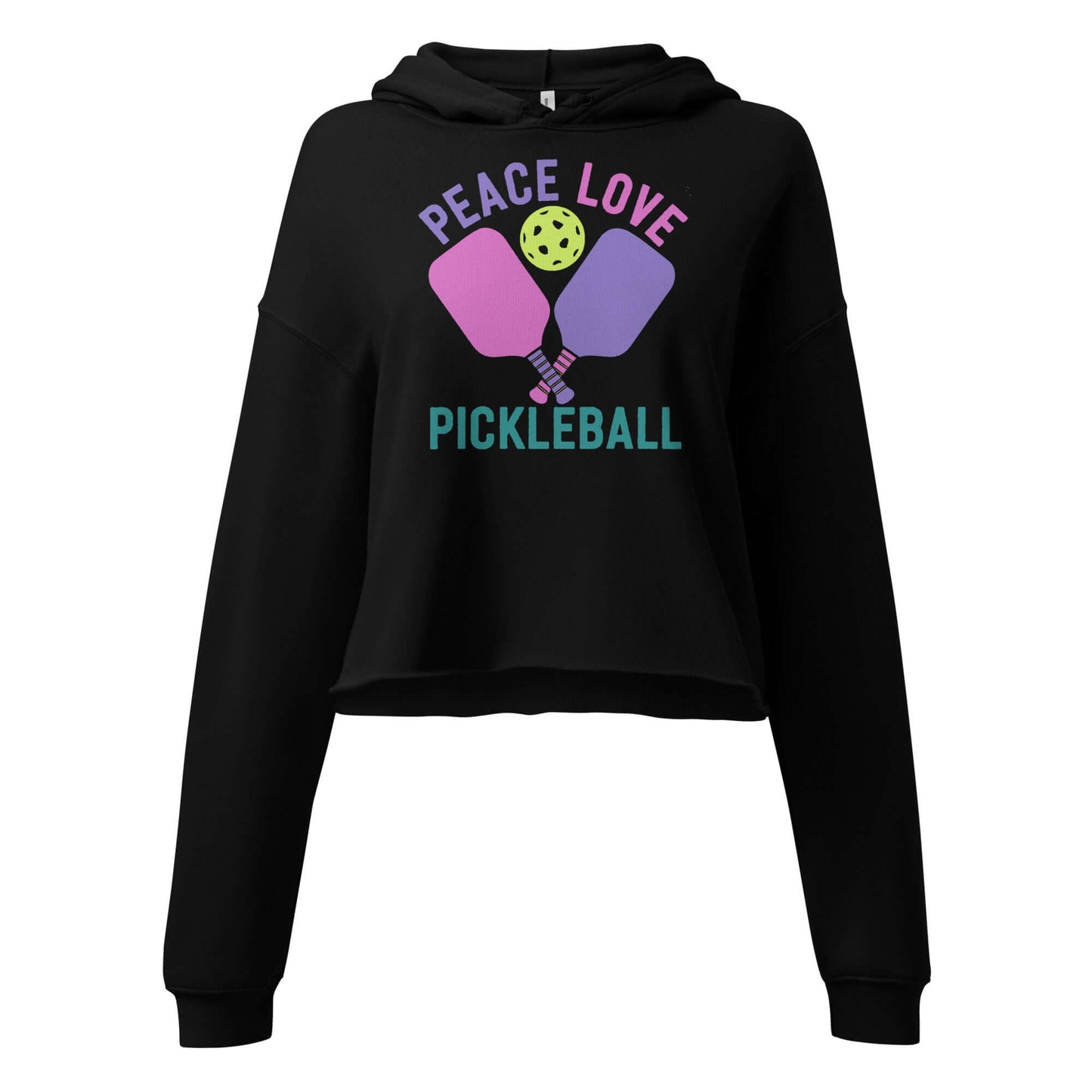 Women's black crop hoodie with 'Peace Love Pickleball' graphic and paddle design, perfect for sporty style.