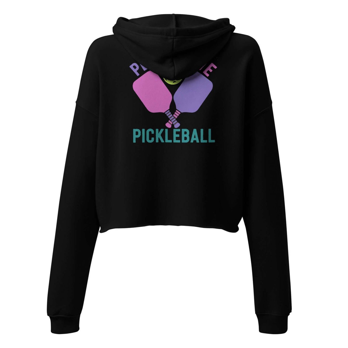 Women's black crop hoodie featuring colorful pickleball paddles and the text 'Peace Love Pickleball'.