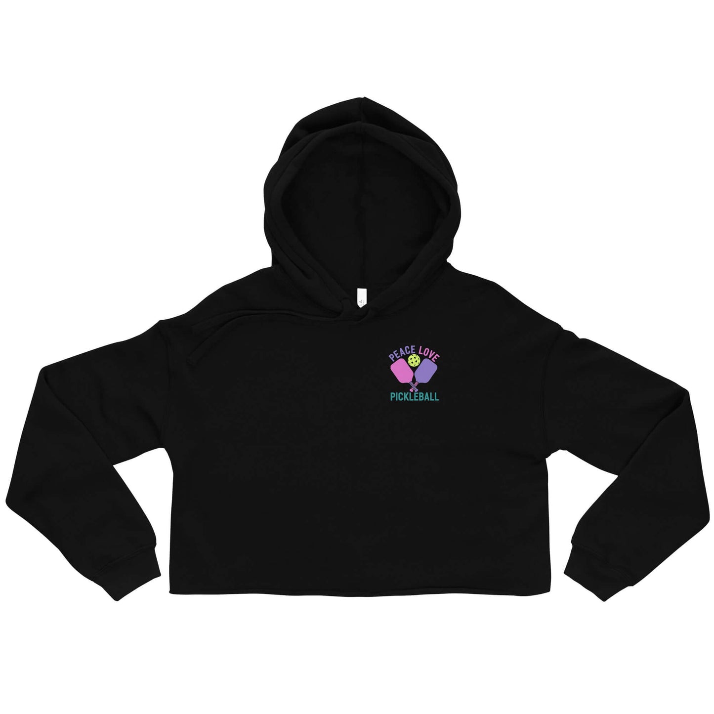 Women's black crop hoodie featuring 'Peace Love Pickleball' graphic, perfect for stylish pickleball players.