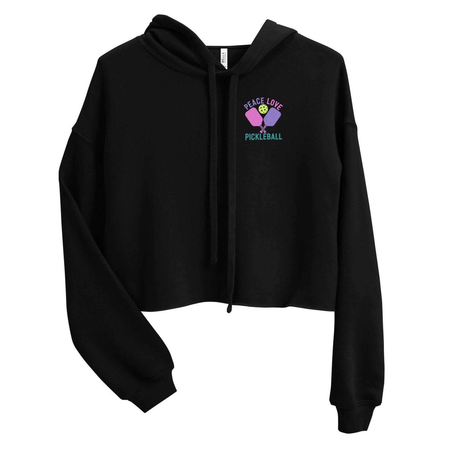 Women's black crop hoodie with 'Peace Love Pickleball' graphic for stylish pickleball enthusiasts.