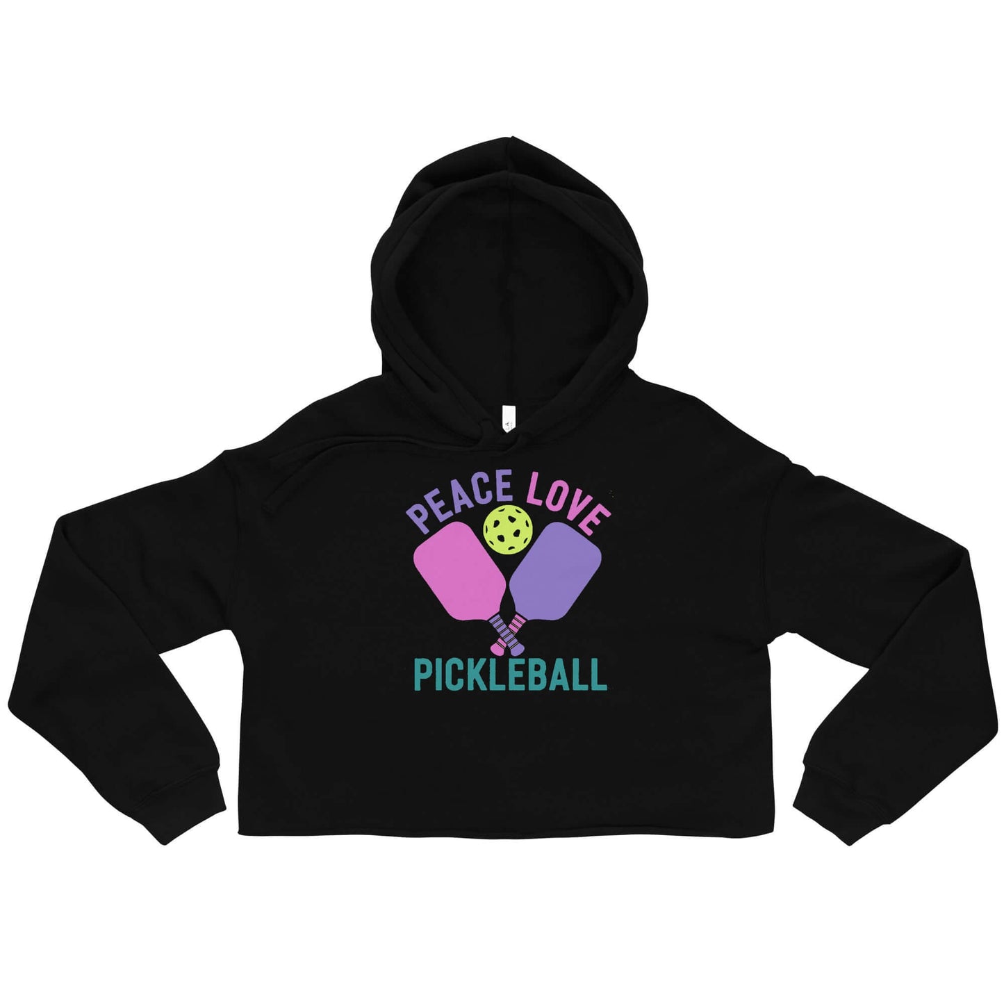 Women's black crop hoodie with 'Peace Love Pickleball' graphic and pickleball paddles design.
