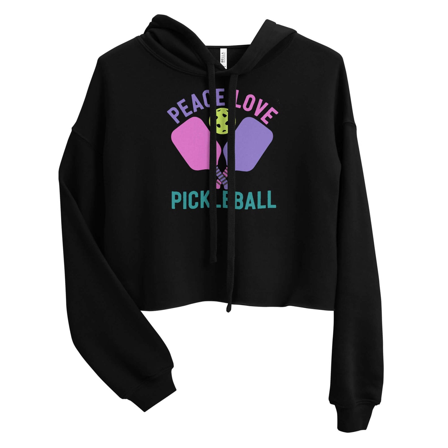 Women's black crop hoodie featuring 'Peace Love Pickleball' graphic design.