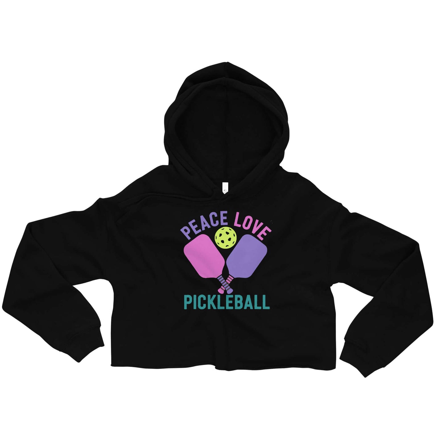 Women's black crop hoodie with 'Peace Love Pickleball' graphic and paddles design.
