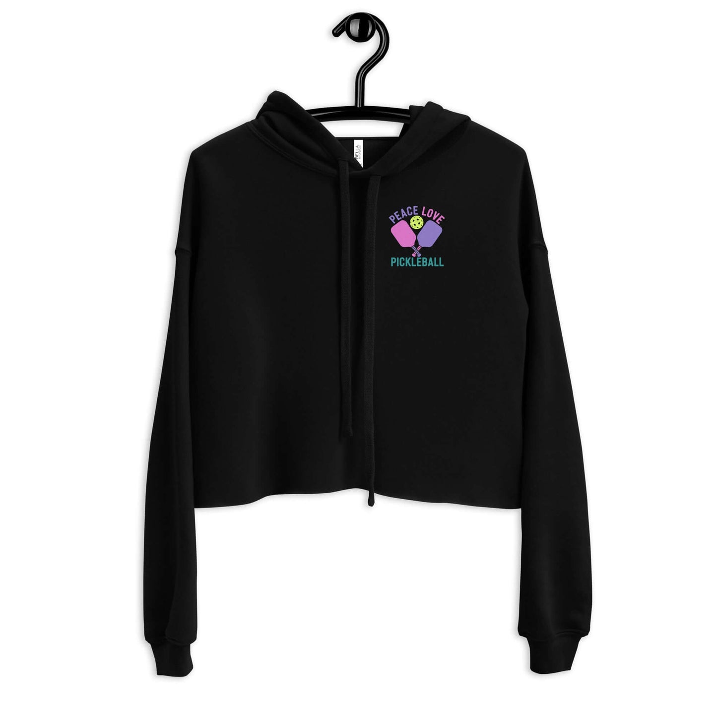 Black women's crop hoodie with 'Peace Love Pickleball' graphic, perfect for sporty style on and off the court.