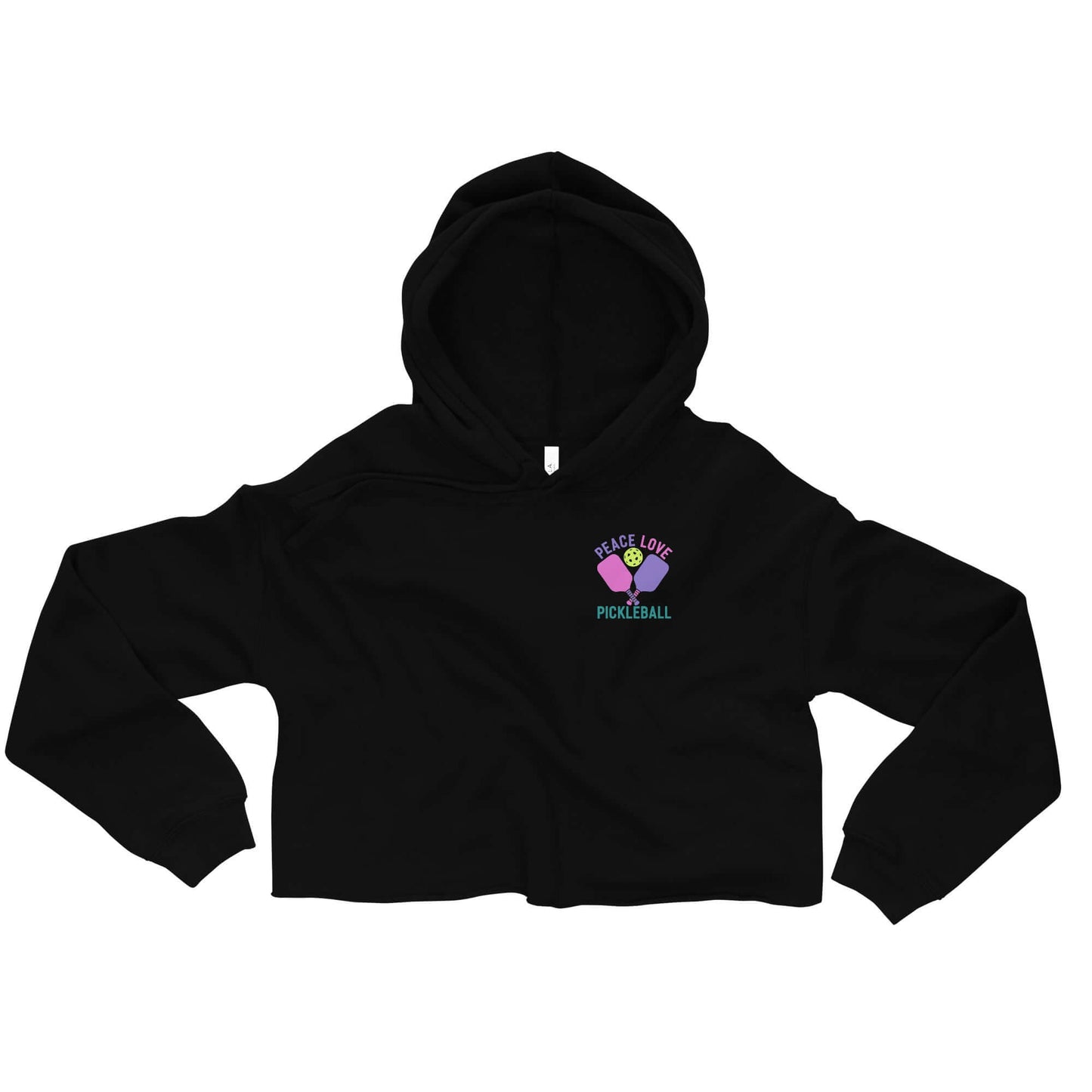 Women's black crop hoodie with 'Peace Love Pickleball' graphic design for sporty style.