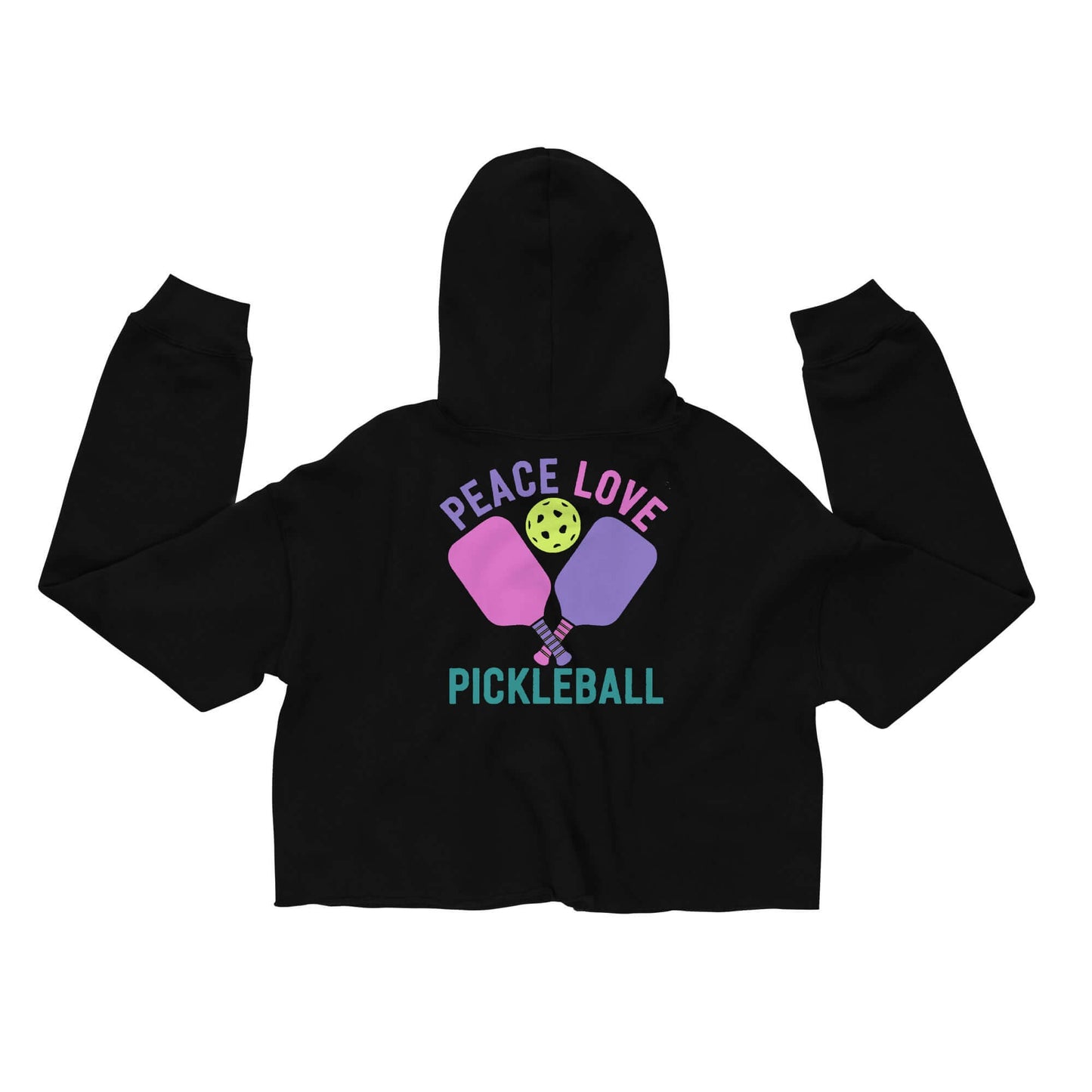 Back view of Women's Peace Love Pickleball Crop Hoodie with colorful graphic design.