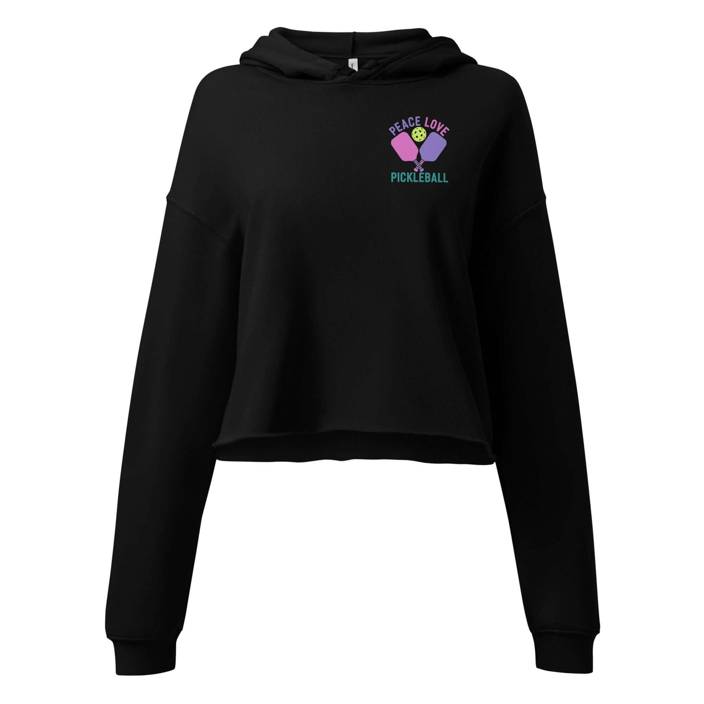 Women's black crop hoodie with 'Peace Love Pickleball' graphic, perfect for stylish pickleball players.