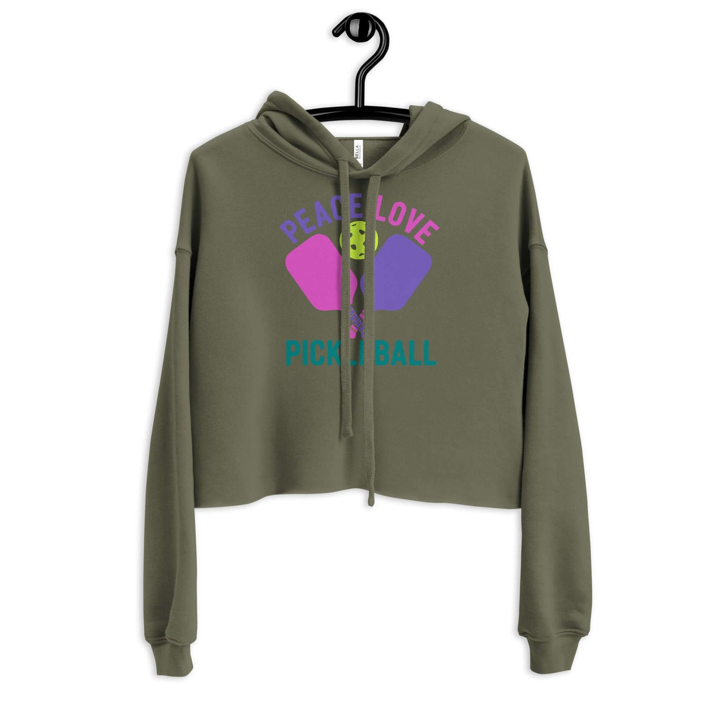 Women's cropped hoodie in olive green featuring a colorful 'Peace, Love, Pickleball' graphic.