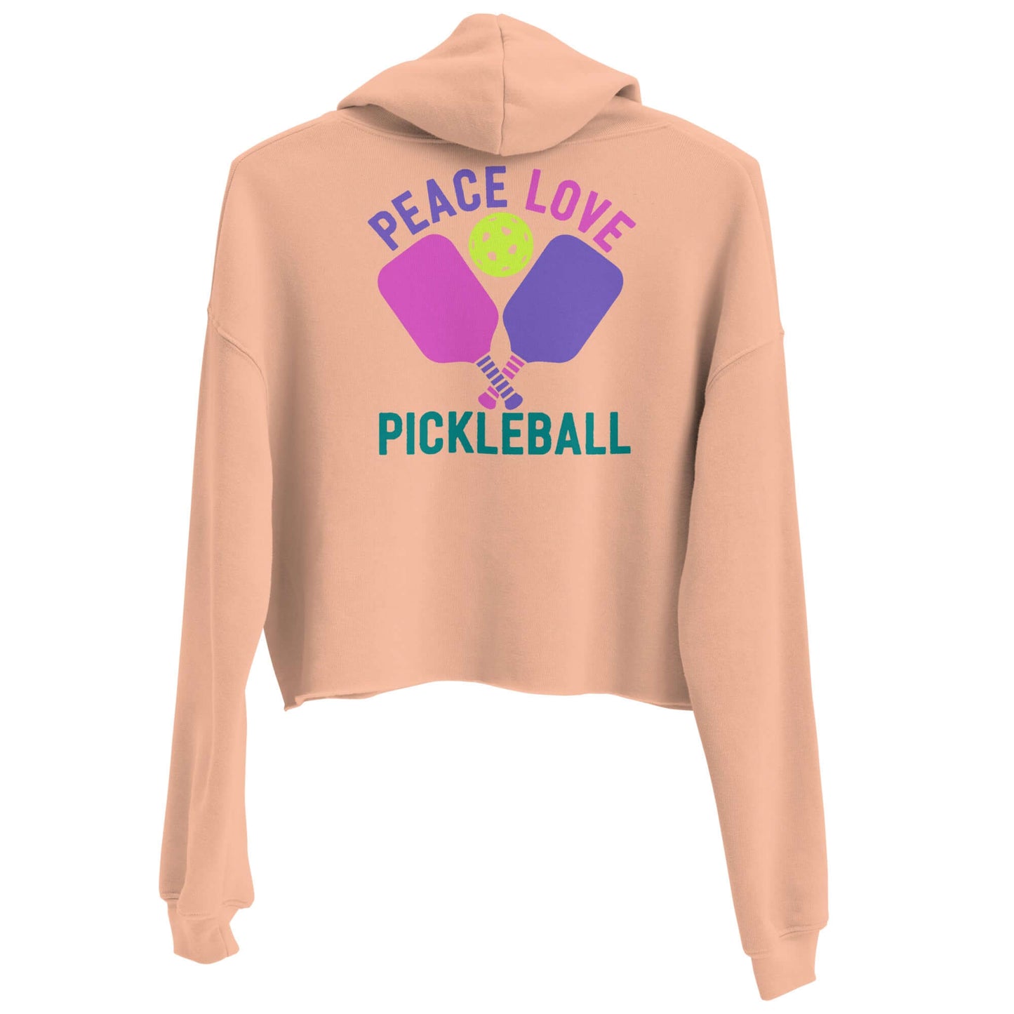 Women's crop hoodie with 'Peace Love Pickleball' graphic, perfect for stylish pickleball players.