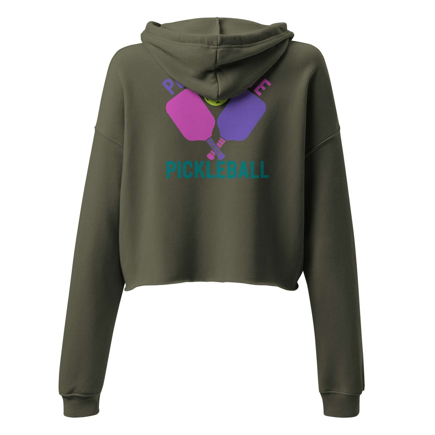 Women's green crop hoodie with pickleball graphic and raw hem, perfect for sporty style.