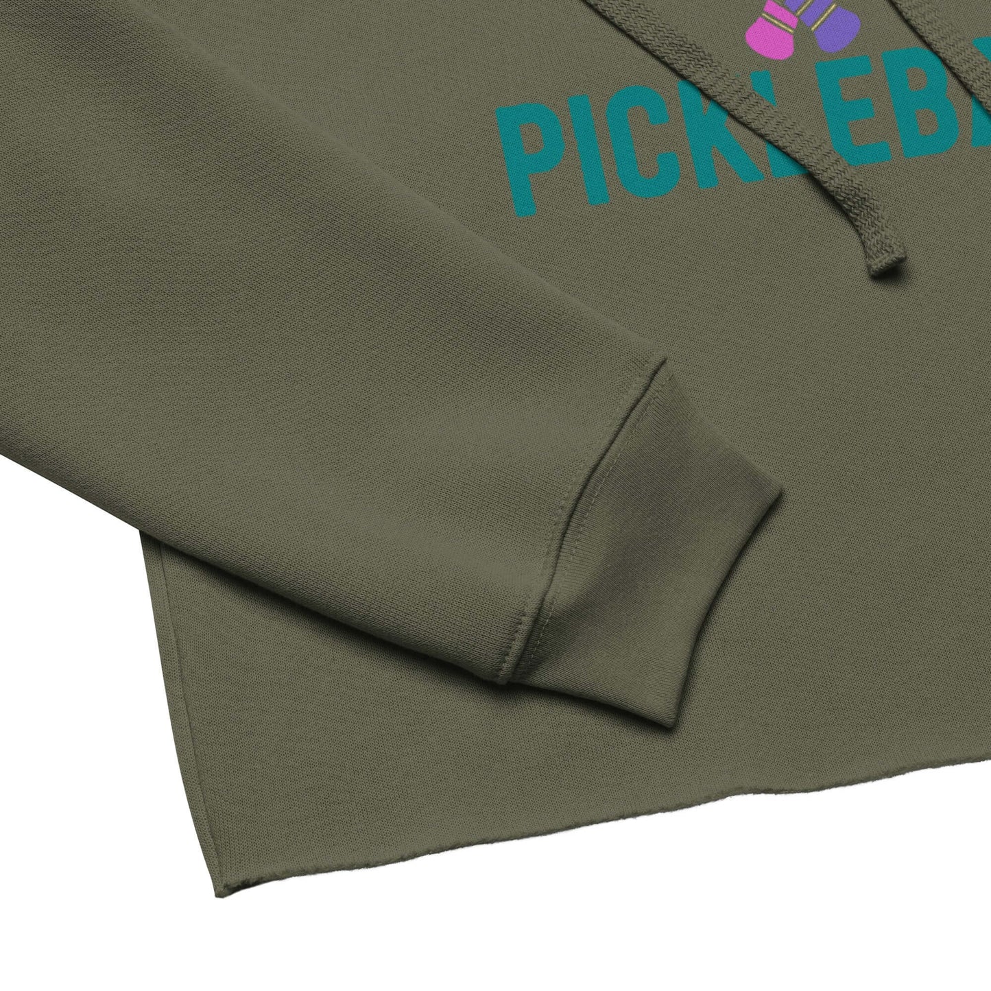 Women's cropped hoodie featuring 'Peace, Love, Pickleball' graphic in stylish olive green.