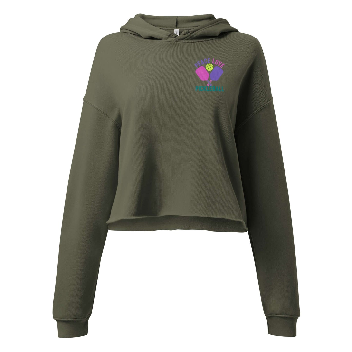 Women's olive green crop hoodie with 'Peace Love Pickleball' graphic, perfect for players on and off the court.