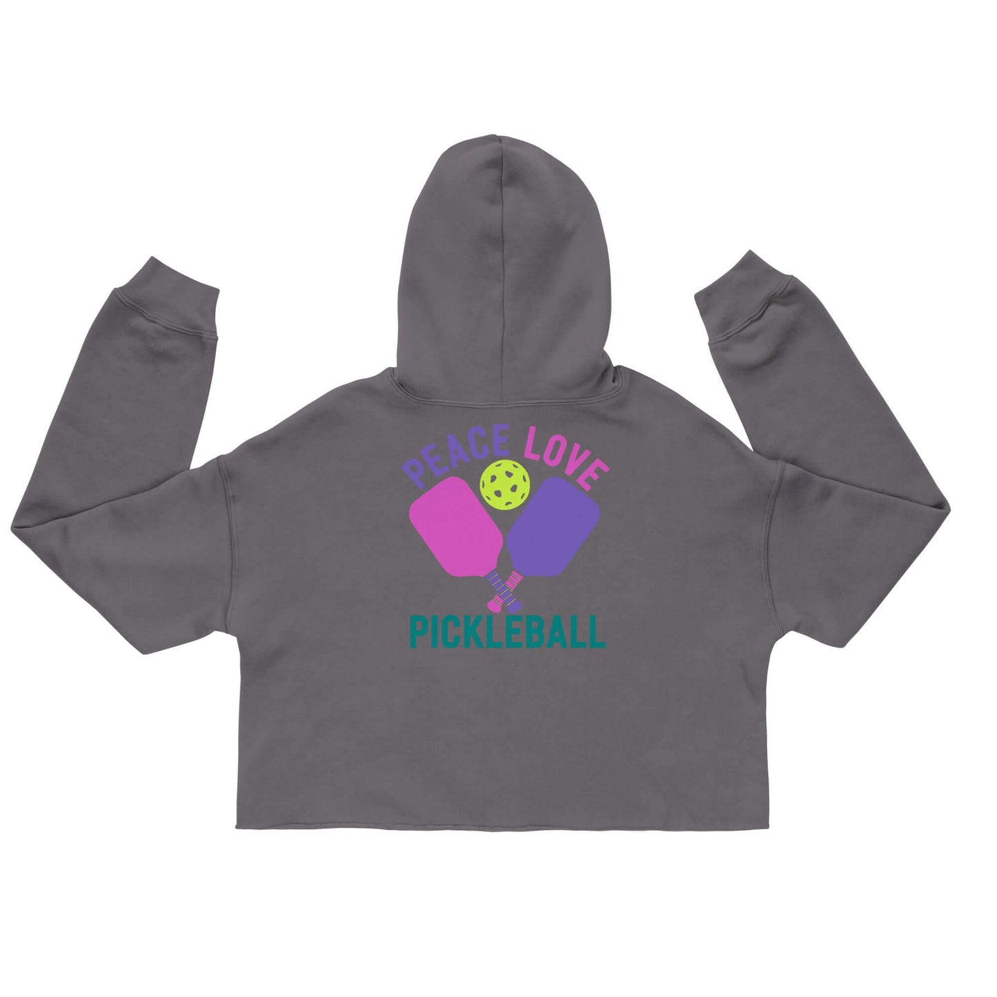 Back view of Women's Crop Hoodie featuring 'Peace Love Pickleball' design in vibrant colors.