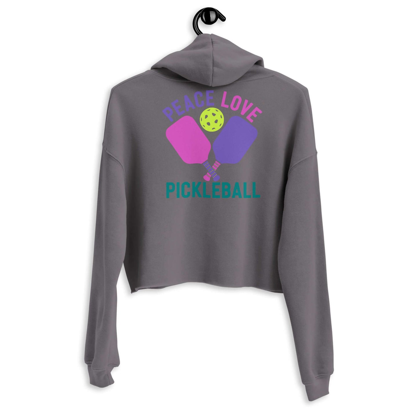 Women's gray crop hoodie with 'Peace Love Pickleball' graphic, perfect for pickleball players and stylish off-court wear.