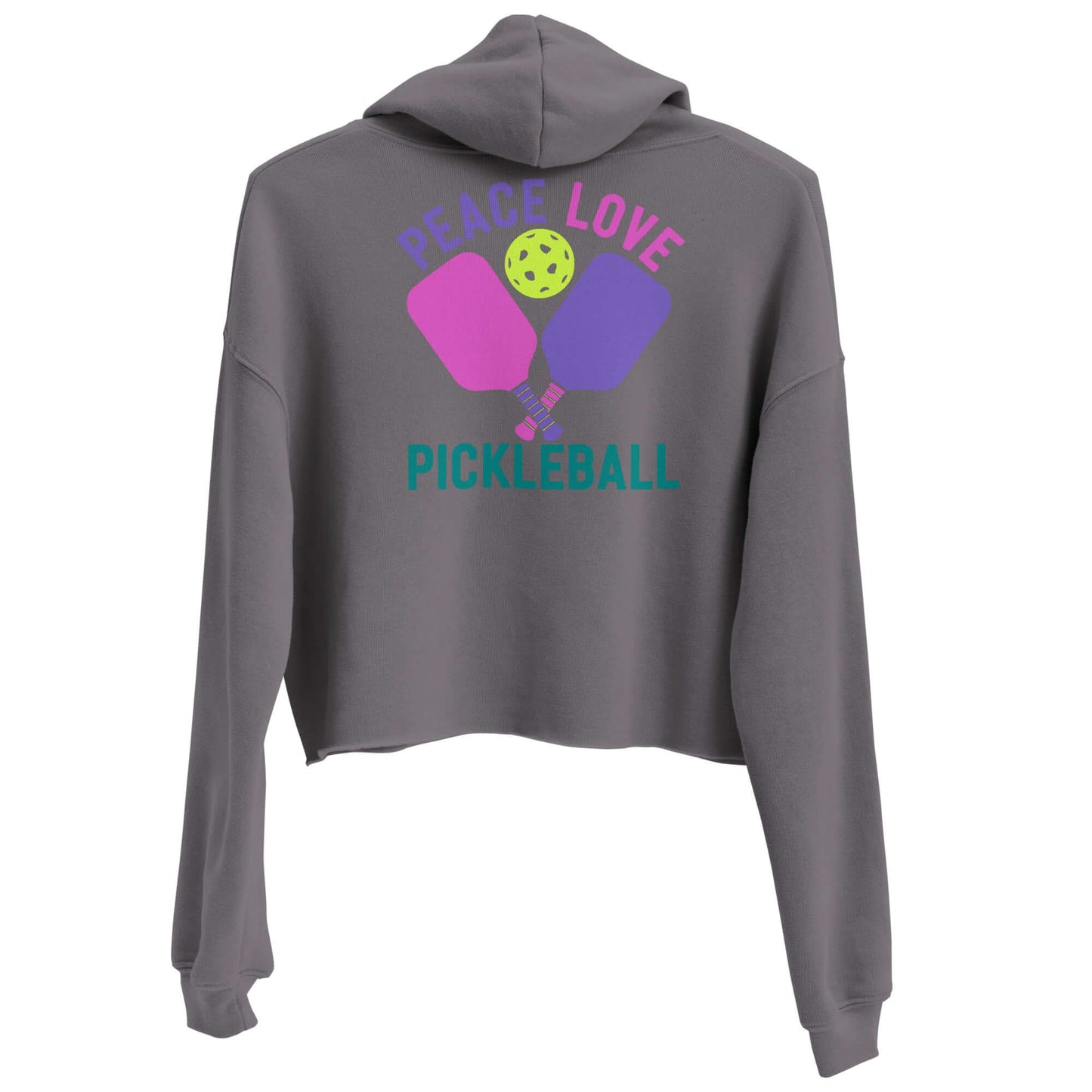 Women's gray crop hoodie with 'Peace Love Pickleball' graphic and pickleball paddles.
