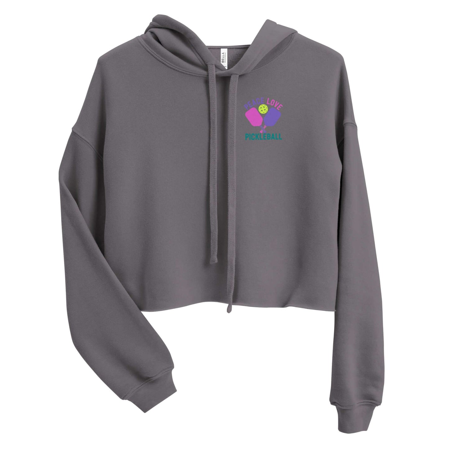 Women's Peace, Love, Pickleball Crop Hoodie in gray with colorful logo design.