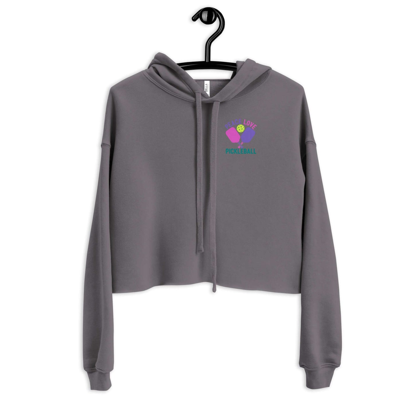 Women's Peace, Love, Pickleball Crop Hoodie in gray, featuring a trendy cropped fit and colorful logo.